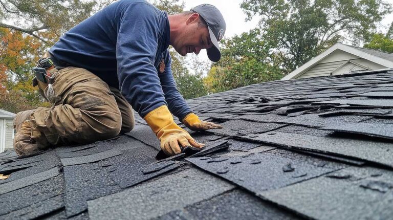 Homeowner examining worn shingles and attic water stains during a roof condition inspection.