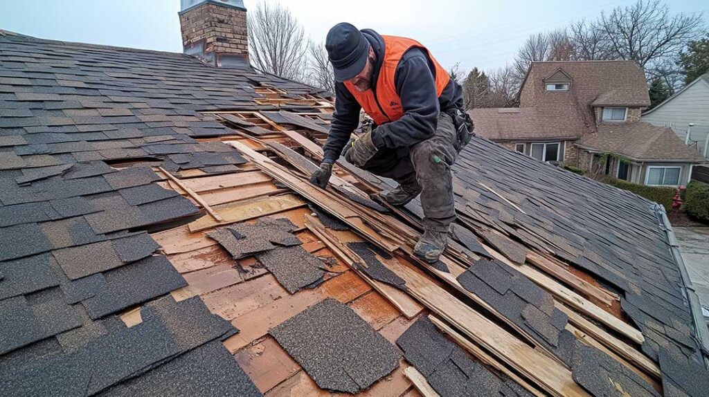 Inspector examining roof shingles beside a ladder while another person reviews notes near the house.