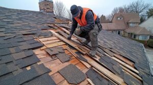 Inspector examining roof shingles beside a ladder while another person reviews notes near the house.